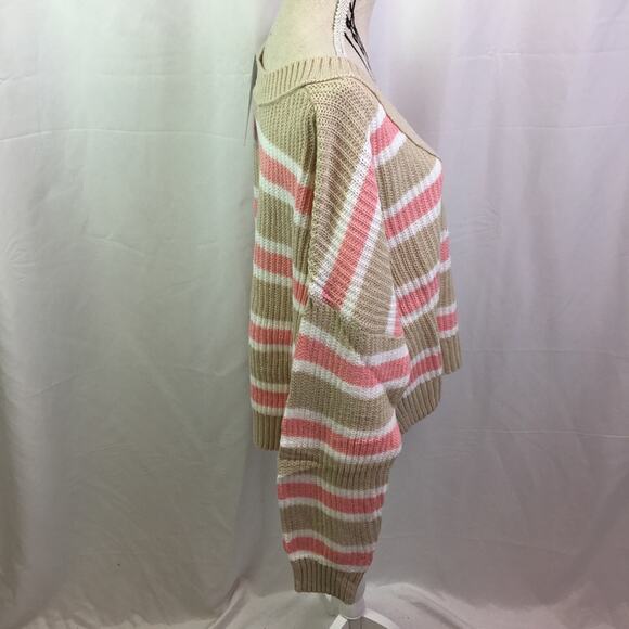 Wild Fable V Neck Striped Knit Sweater Tan Pink L - Picture 4 of 12